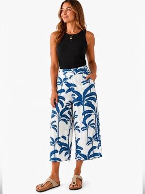 Tahari Linen Wide Leg Cropped Pants M Floral Boho Cottagecore Beach Resort